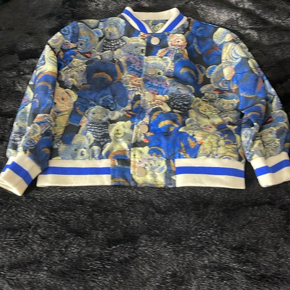 Boy’s 4Y Blue Colorful Teddybear Varsity Jacket Long Sleeve Baseball Collar Snap
